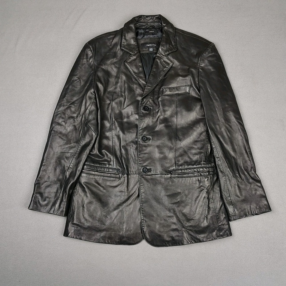 Claiborne‎ 100% Leather Lambskin Jacket Men Large Black Button Up SOFT Classic